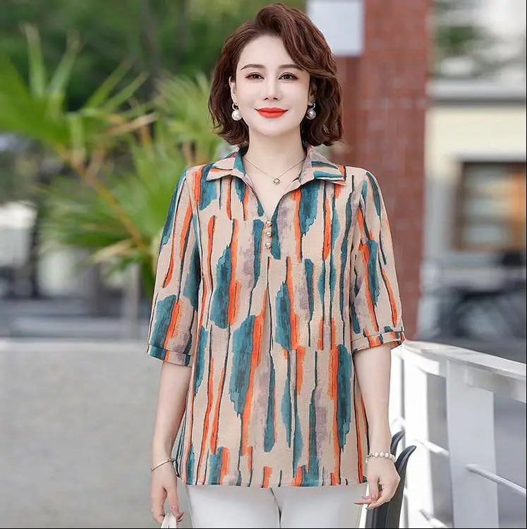 Summer Women's Floral Print Chiffon Pullover Shirt with Square Collar Half Sleeves Loose Elegant Button-Up Vacation Top