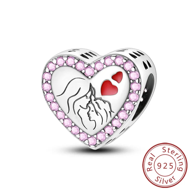 925 Sterling Silver Love Heart Family Charm Bead Pendant for Women's Bracelet Jewelry Gift