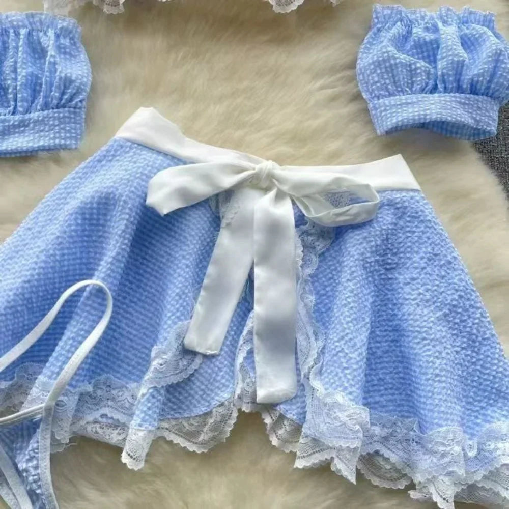 Sexy Maidservant Apron Dress Three Piece Set Lace Trimmed Plaid Cosplay Lingerie Nightwear for Women