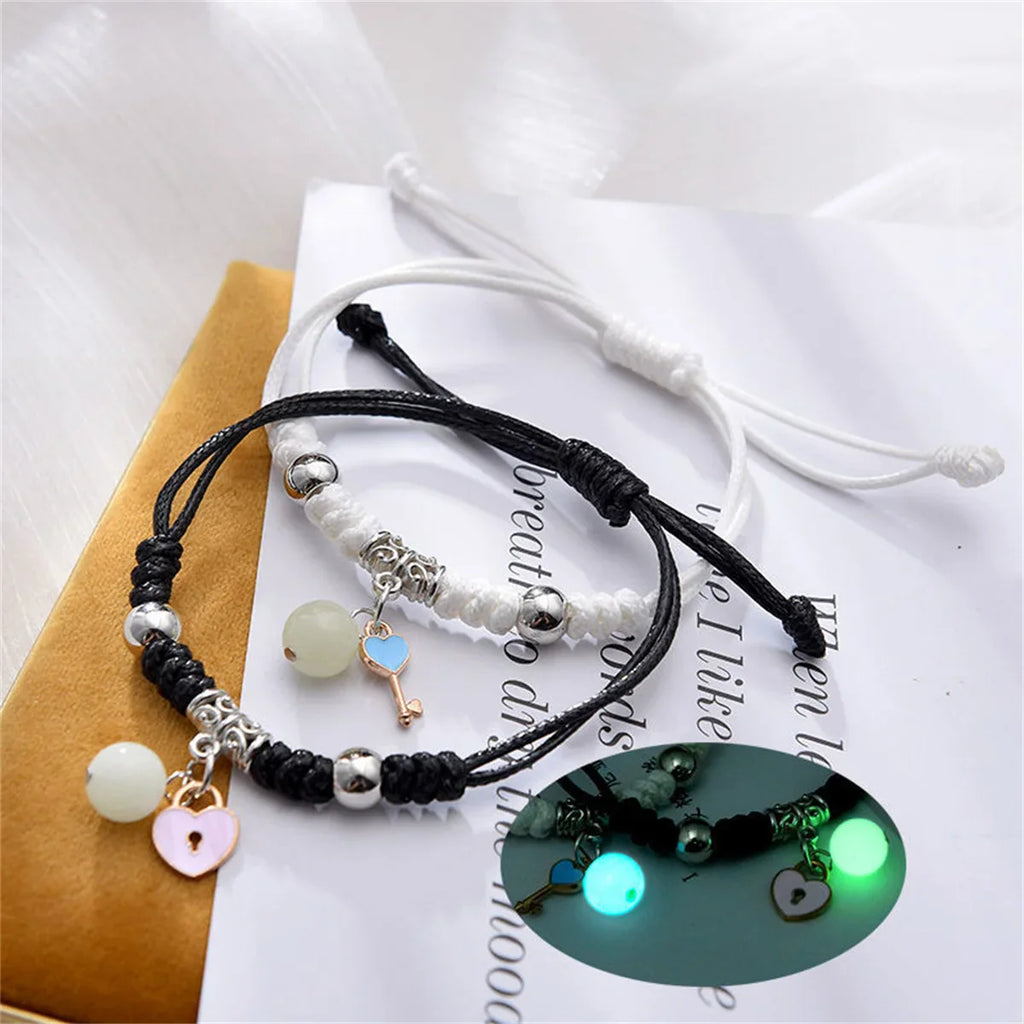 Luminous Beads Star Couple Bracelet for Women and Men Matching Friendship Jewelry with Cat Flower Heart Key Lock Cross Charms