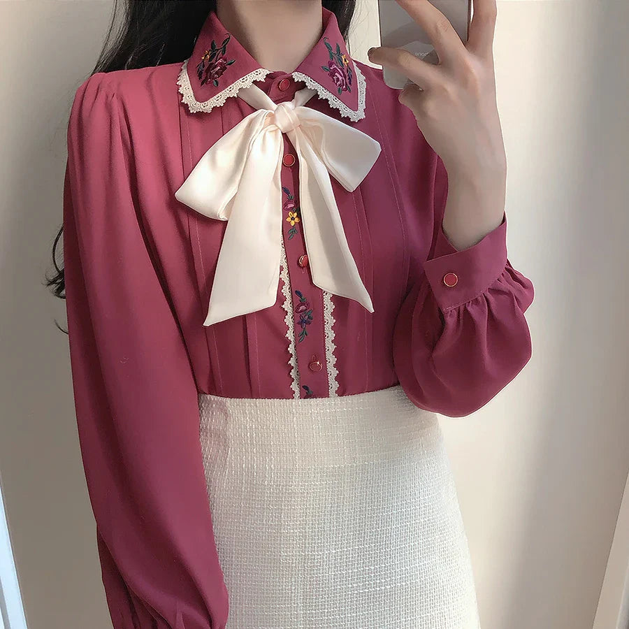 Women's Elegant Bow Tie Ribbon Blouse Button Down Vintage Preppy Style Formal Shirt