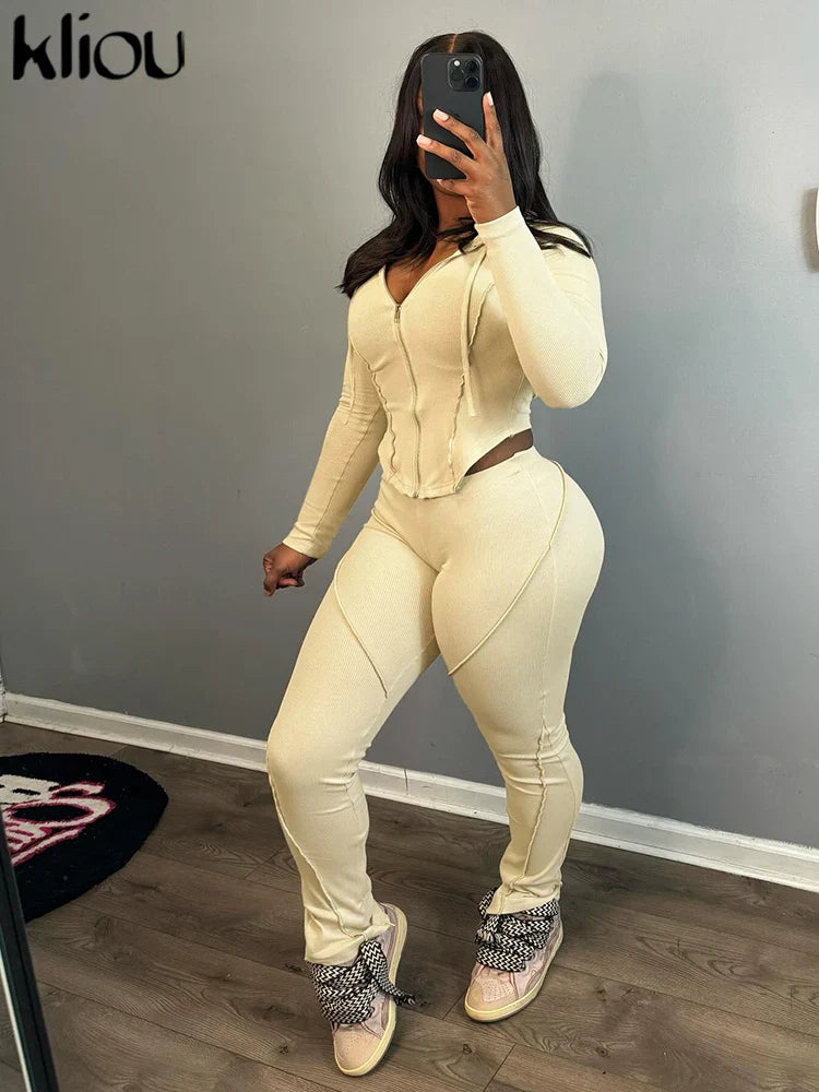 Casual Sporty 2 Piece Activewear Set for Women with Irregular Full Sleeve Zip-Up Hoodie and Slim Elastic Pants