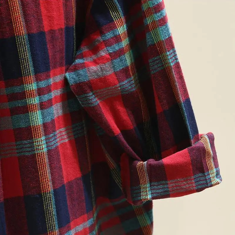 Plaid Vintage Polo Neck Long Sleeve Loose Fit Single Breasted Women's Blouse Shirt Casual Korean Style Female Top