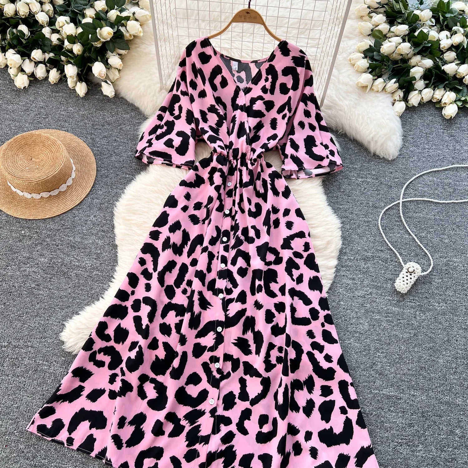 Ruched V Neck Office Dress Long Sleeve For Women Red