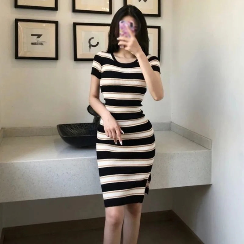 Striped Knit Dress Wrapped Short Hip With Front Slit