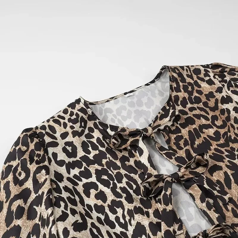 Women's Leopard Print Lace-Up Vintage Blouse Casual Loose Fit Y2K Chic Shirt