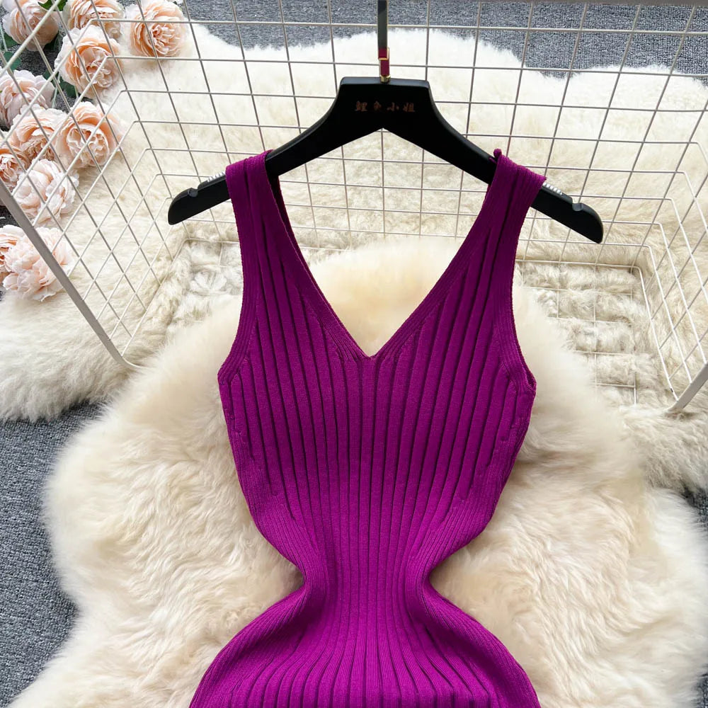 Bodycon Ribbed Knit Dress Women V Neck Slim Fit Elegant