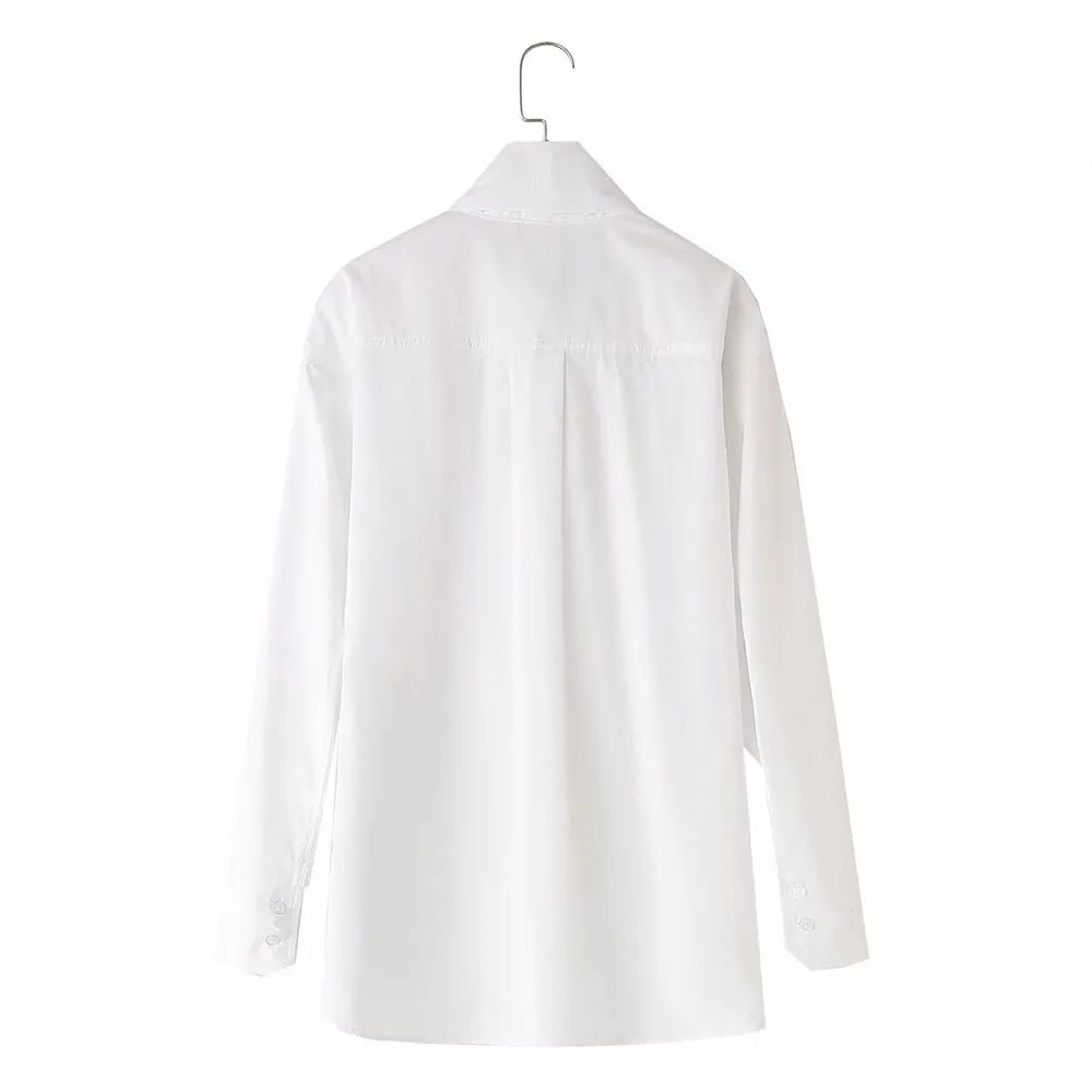 Pure White Slim Fit Poplin Shirt with Elegant Bow Decoration Lightweight Spring and Summer Fashion Top