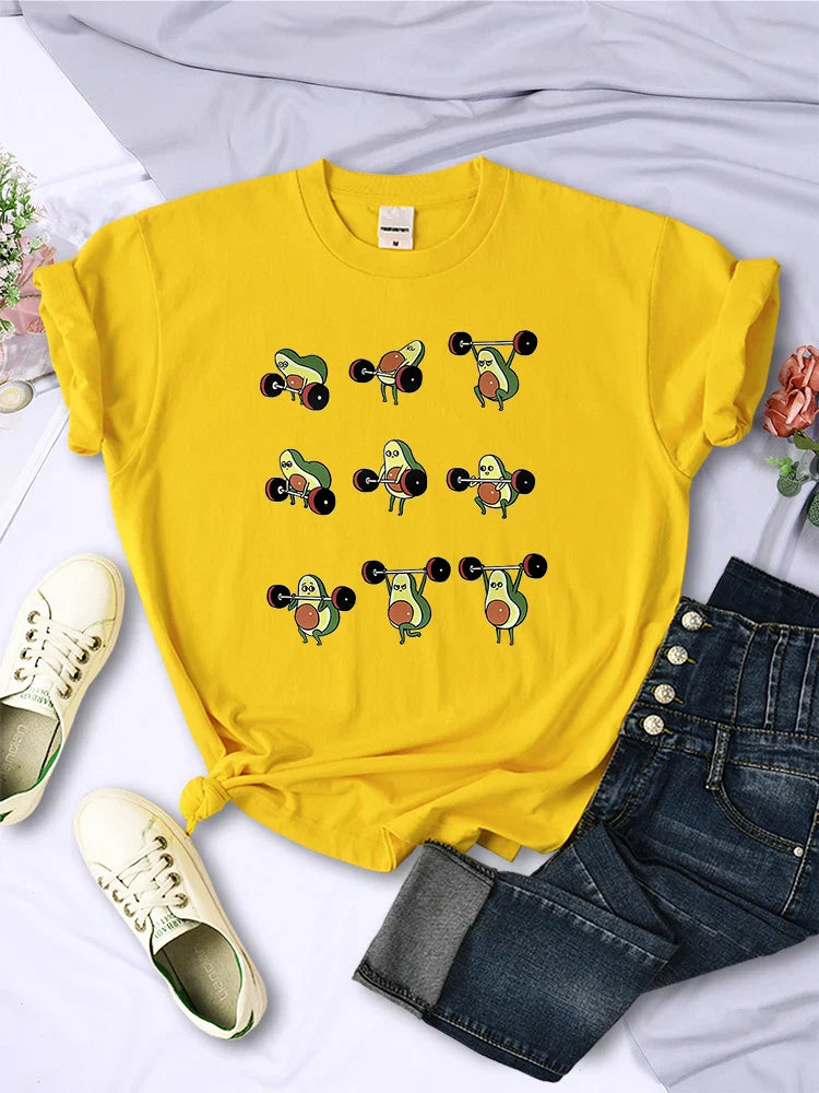 Avocado Cartoon Weightlifting T Shirt for Women Casual Short Sleeves Korean Hip Hop Style