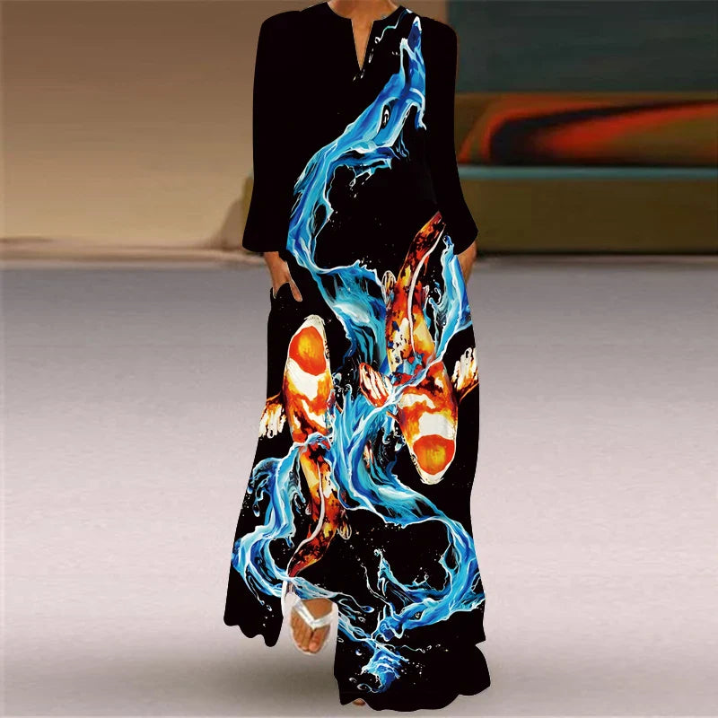 V Neck Long Sleeve Printed Dress With Pocket For Women