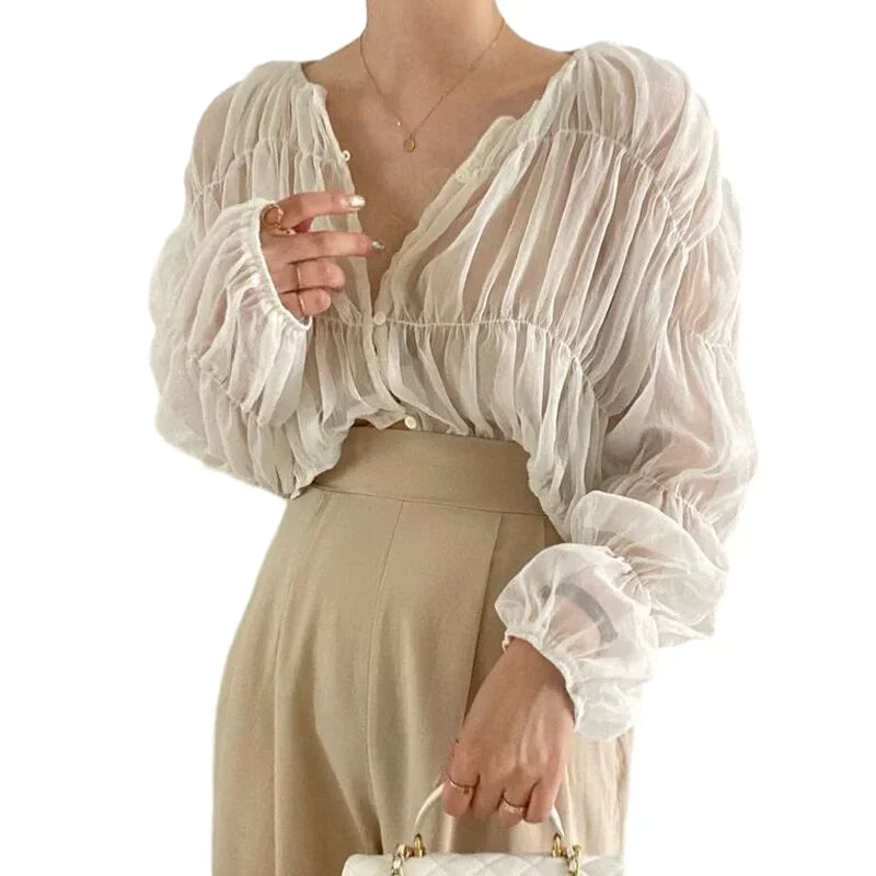 Loose Fit Chiffon Blouse for Women Pleated Sheer Long Sleeve Casual Summer Top with Elegant Folded Design