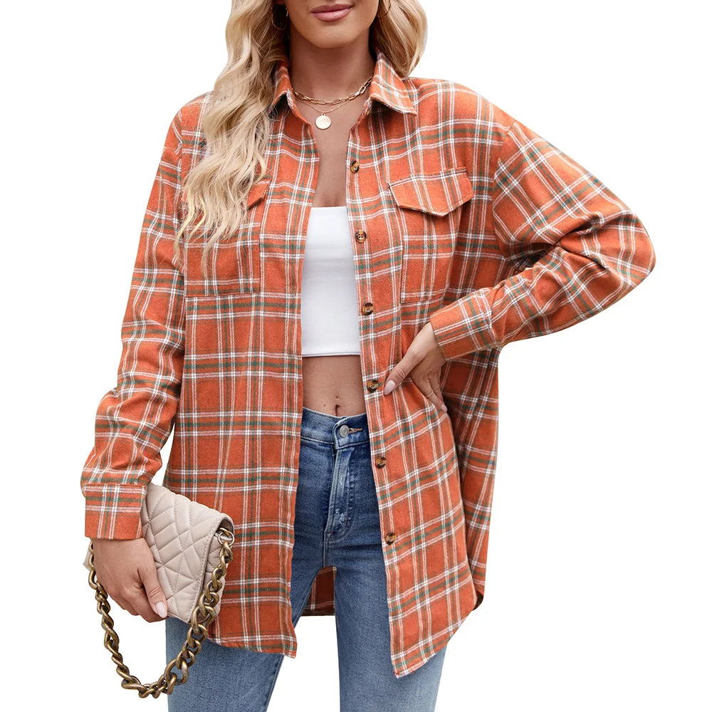 Women Plaid Button Up Shirt Loose Fit Warm Long Sleeve Casual Blouse with Pockets Autumn Winter Checkered Top Preppy Y2K Harajuku Style