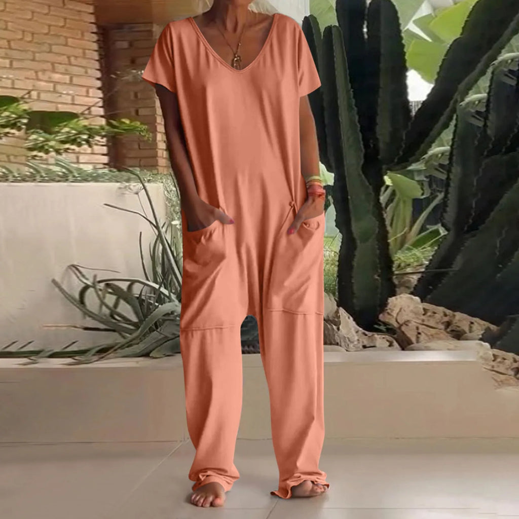 Women's Casual Short Sleeve Pullover Jumpsuit Loose Fit with Pockets Comfortable Lightweight Bodysuit Trendy Summer Romper