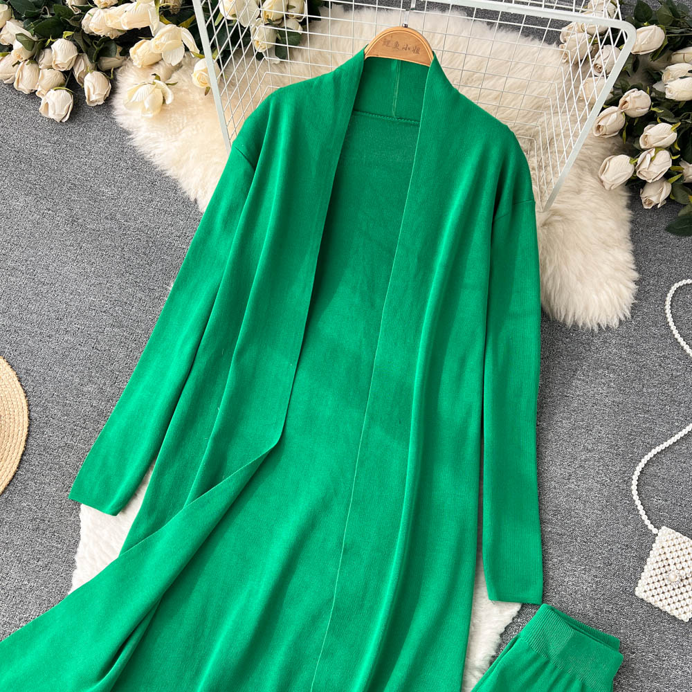 3 Piece Knitted Tracksuit Set for Women Comfy Loungewear with Long Cardigan Coat Turtleneck Vest and Pants