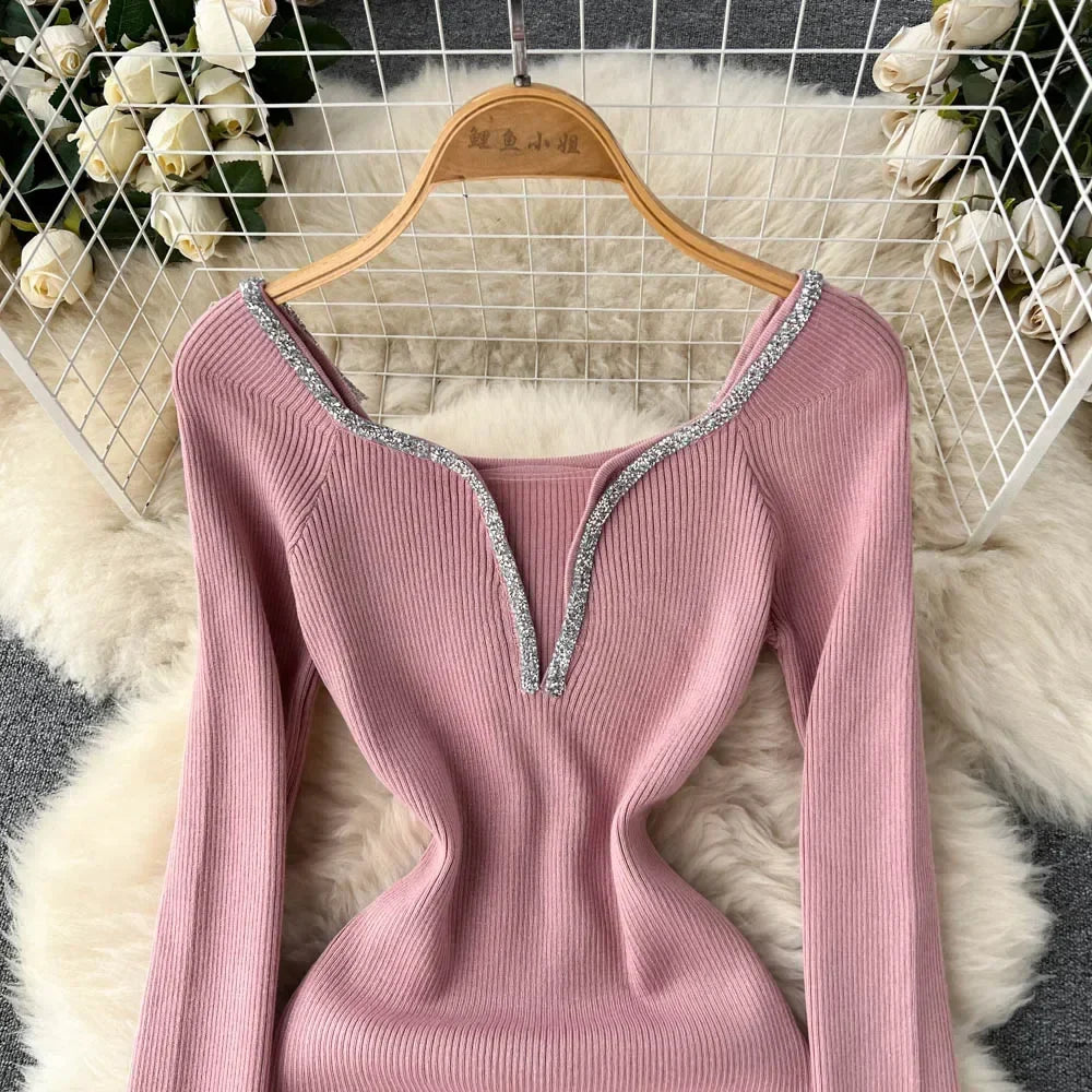 Knit Bodycon Dress For Women Long Sleeve Winter Sweater