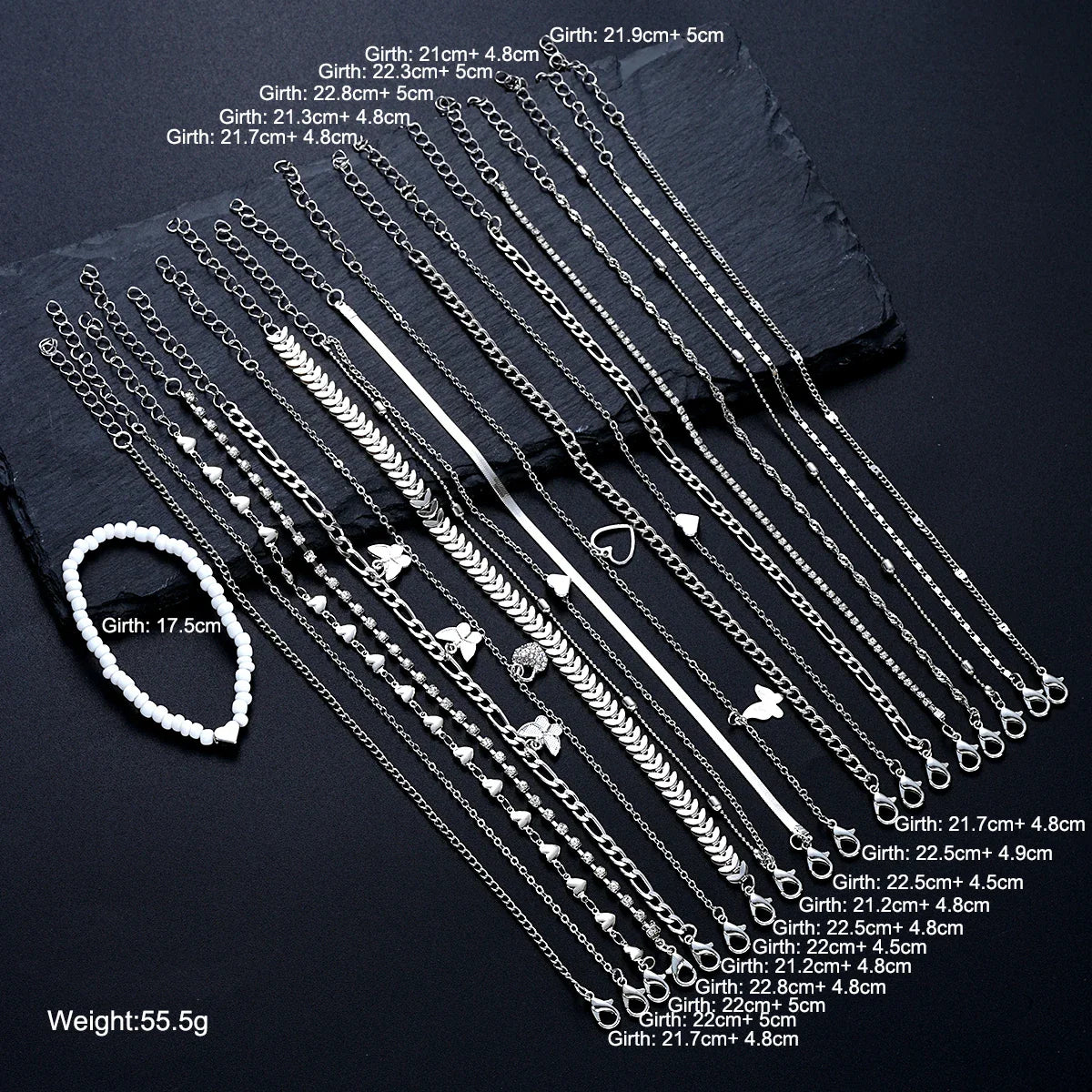19 Pieces Silver Color Anklet Set for Women with Pearl Butterfly Heart and Crystal Foot Chains Daily Fashion Jewelry