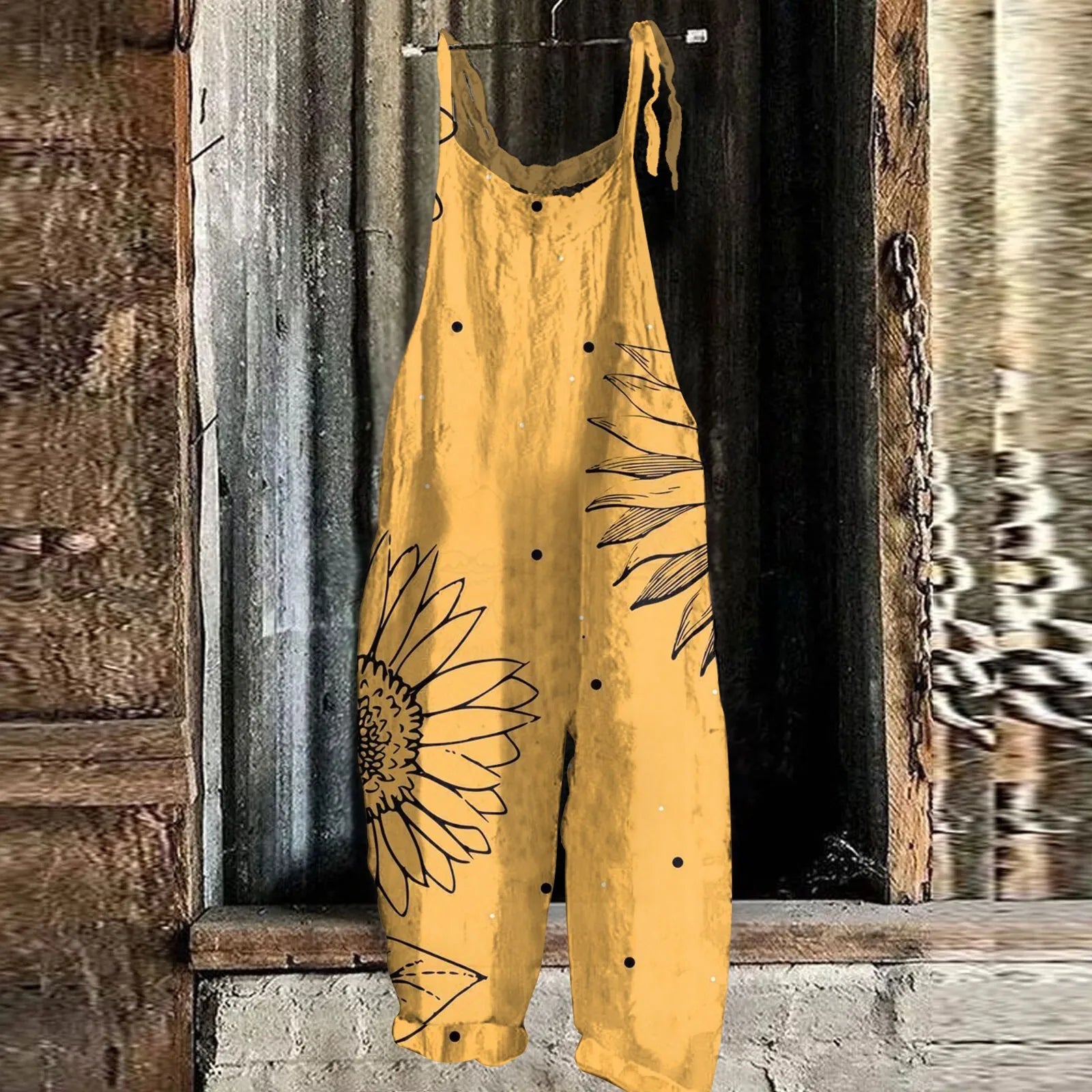 Sunflower Print Overalls for Women Casual Jumpsuit