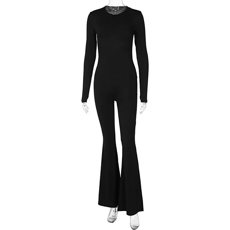 Sexy Black Backless Long Sleeve Bodycon Jumpsuit for Women Slim Fit Flare Pants Casual Streetwear Rompers Autumn Fashion
