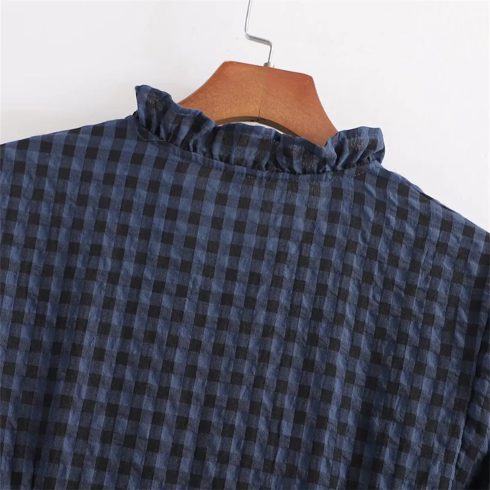 Women's Slim Fit Plaid Jumpsuit with Lace Collar Long Sleeves Casual Elegant Office Wear