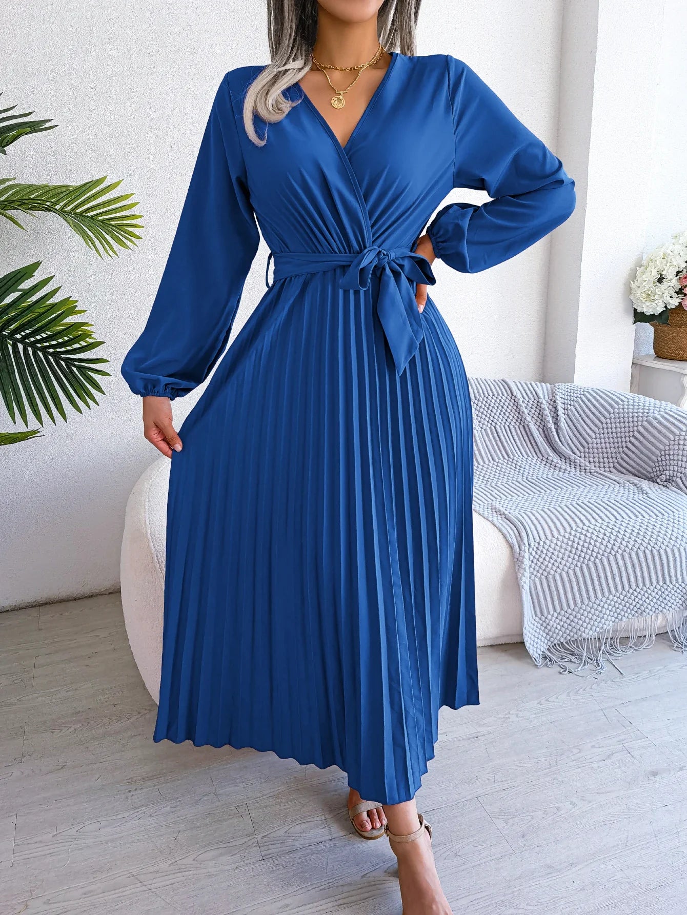 Elegant Surplice Neck Pleated Maxi Dress With Belt Flair