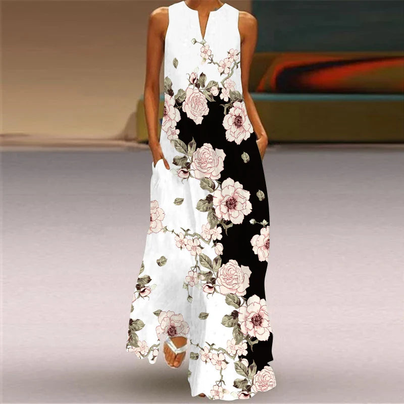 Sleeveless V Neck Printed Maxi Dress For Summer Beachwear