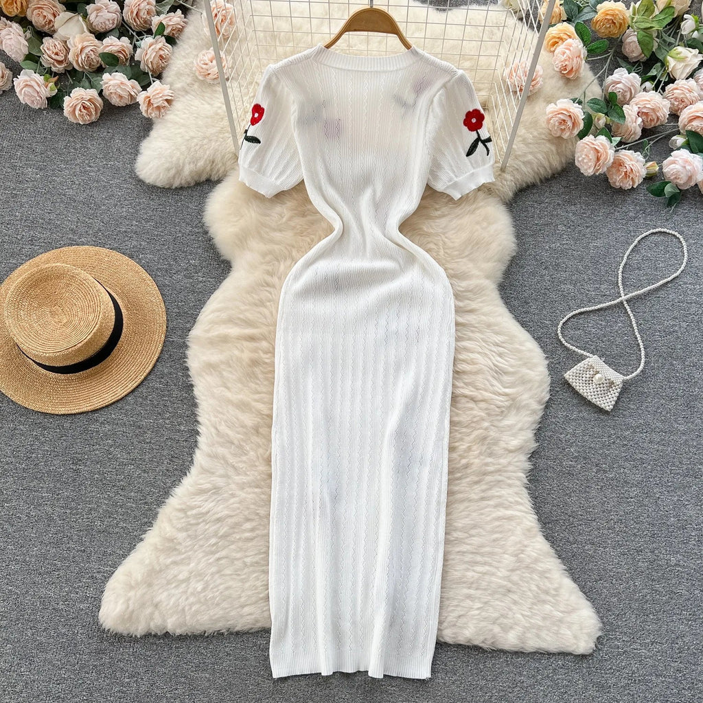 Elegant Summer Knitted Embroidered Bodycon Dress for Women