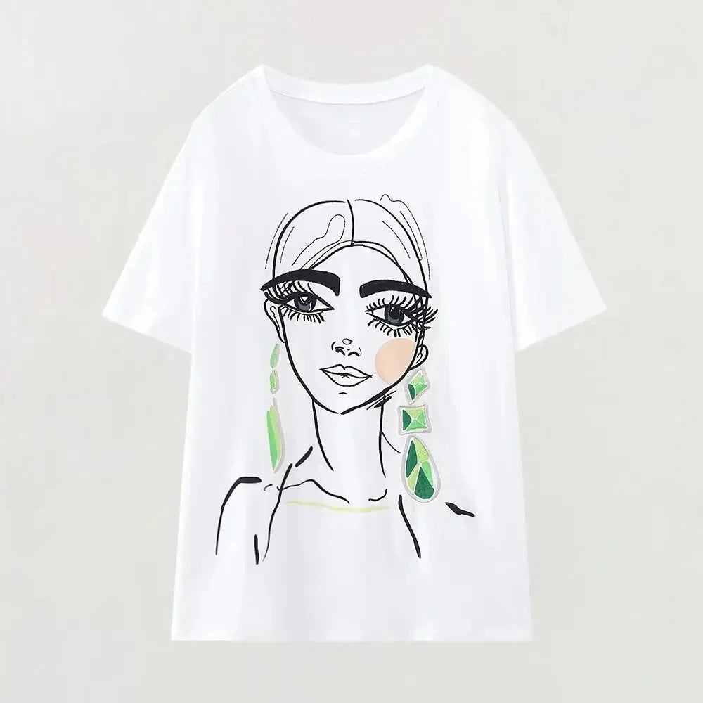 Summer Women's Casual Printed Cotton T-Shirt Comfortable Breathable Short Sleeve Top