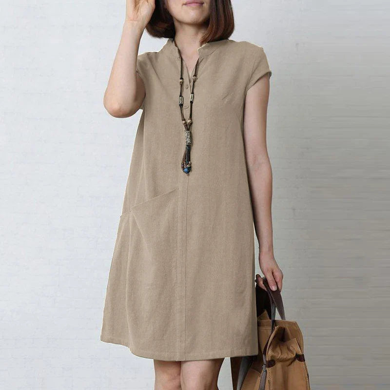 Cotton Summer Dress V Neck Short Sleeve Knee Length