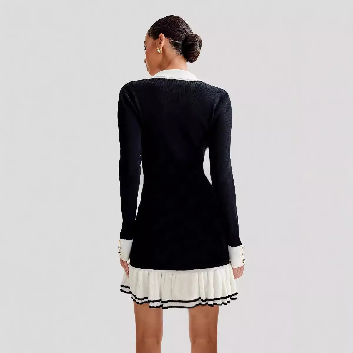 Knitted Dress With Pearl Buckle And Ruffle Edge Sleeves