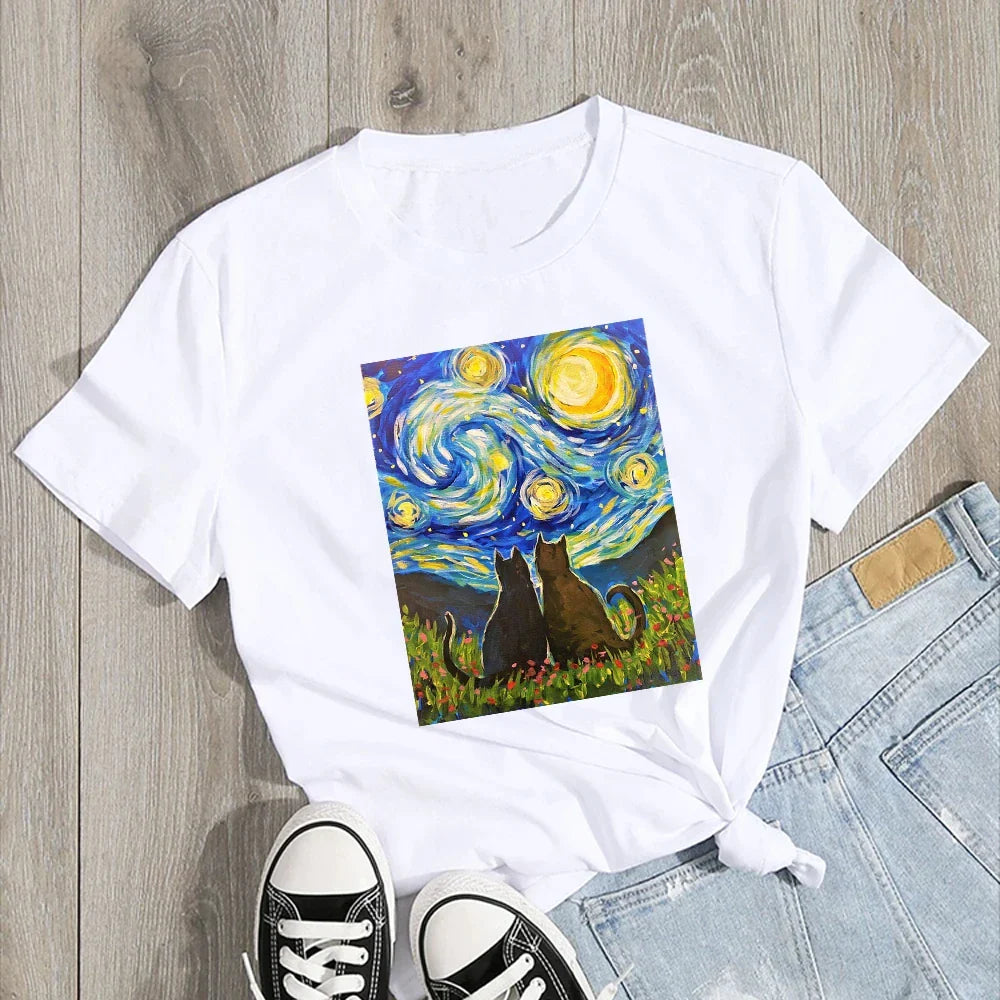 Aesthetic Van Gogh Starry Night Cat Print Women's Short Sleeve T-Shirt