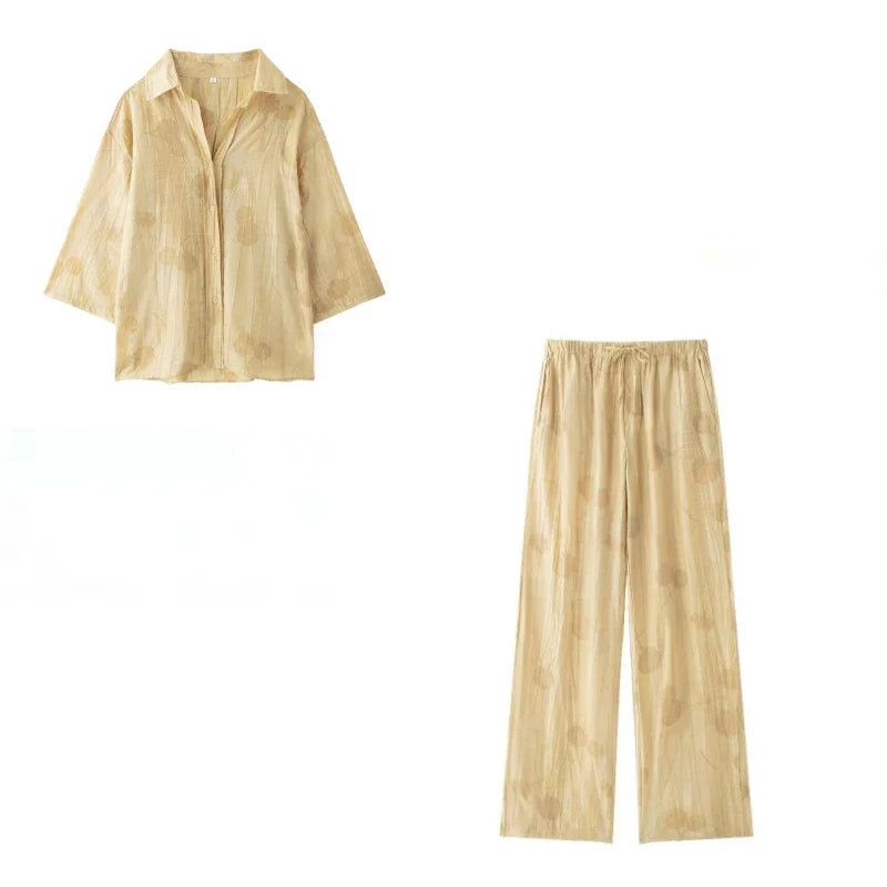 Jacquard Shirt Pants Suit for Women with Lapel Half Sleeve and Pockets, Wide Leg Pant Set for Summer Streetwear