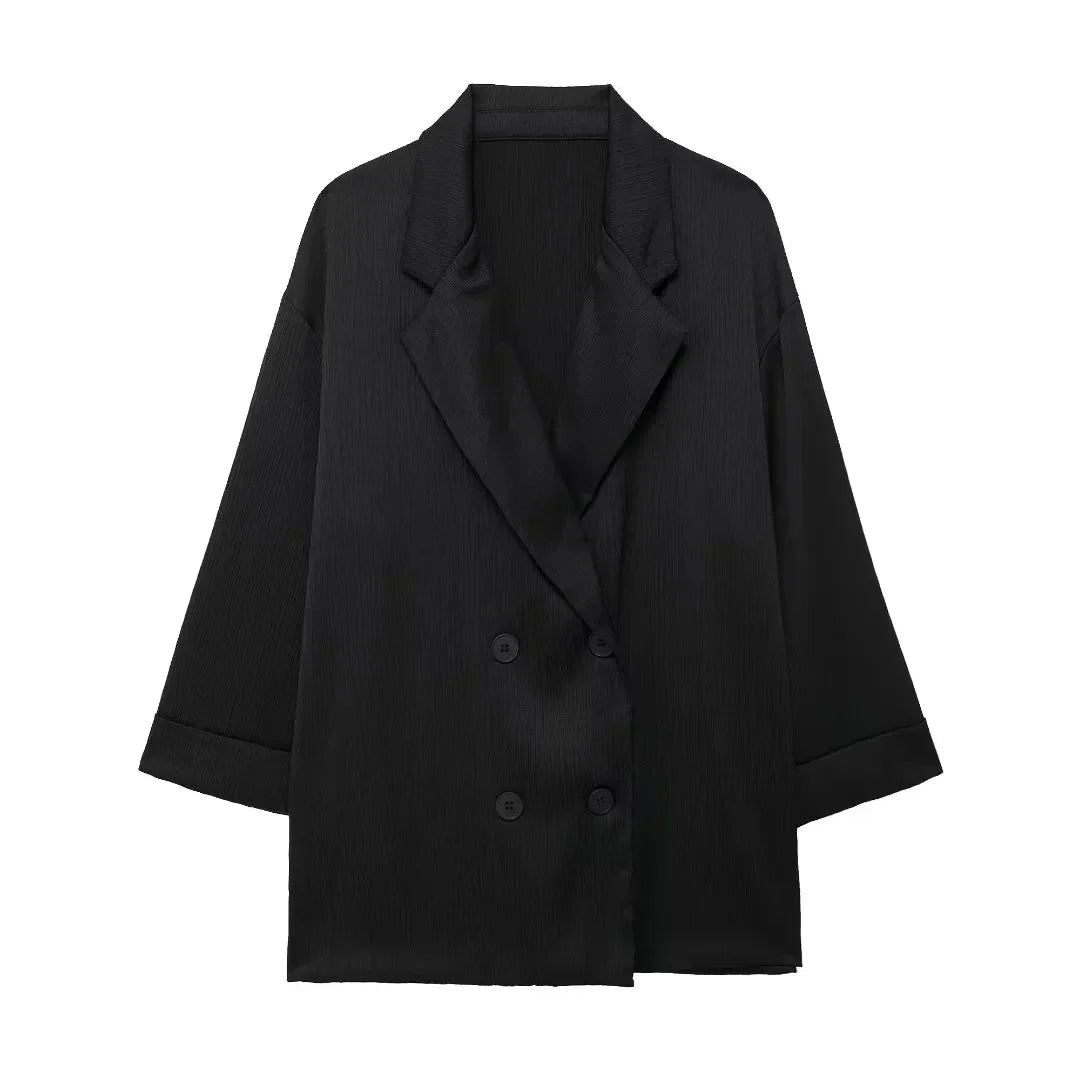 Trendy Women's Cozy Suit Set with Double Breasted Coat and Wide Leg Pants