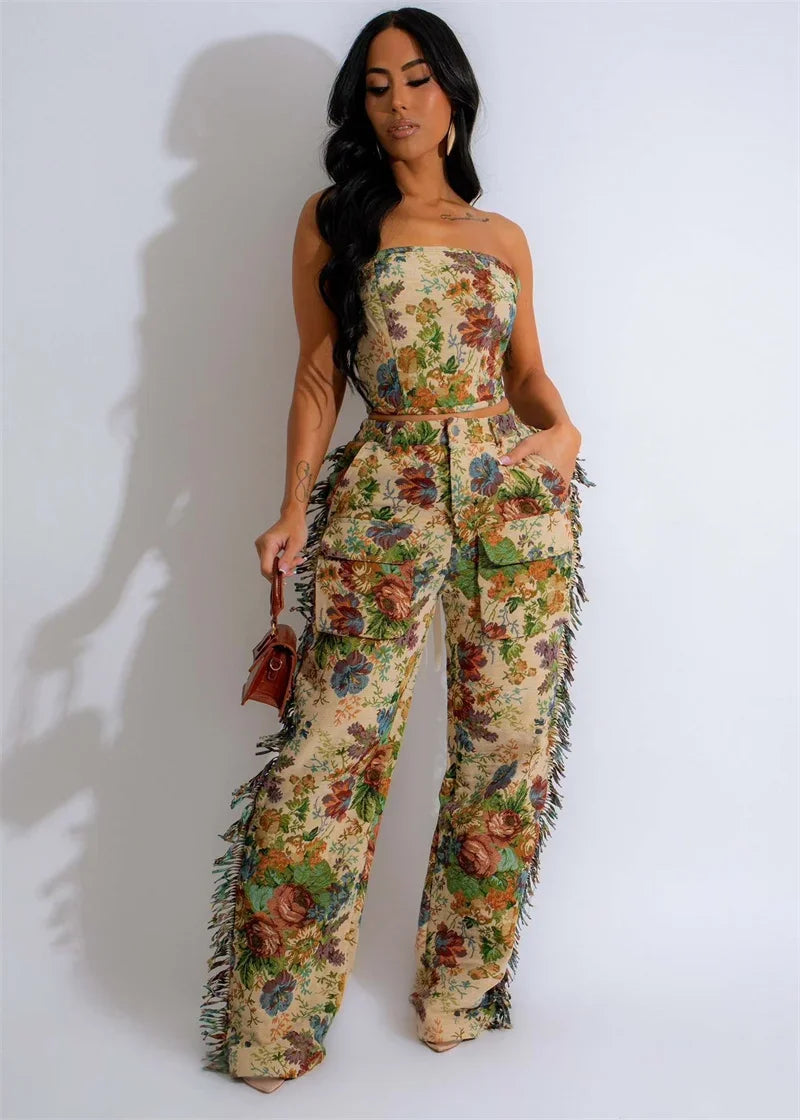 Floral Print Two Piece Set for Women with Strapless Crop Top and Side Tassel Wide Leg Pants for Y2K Birthday Parties