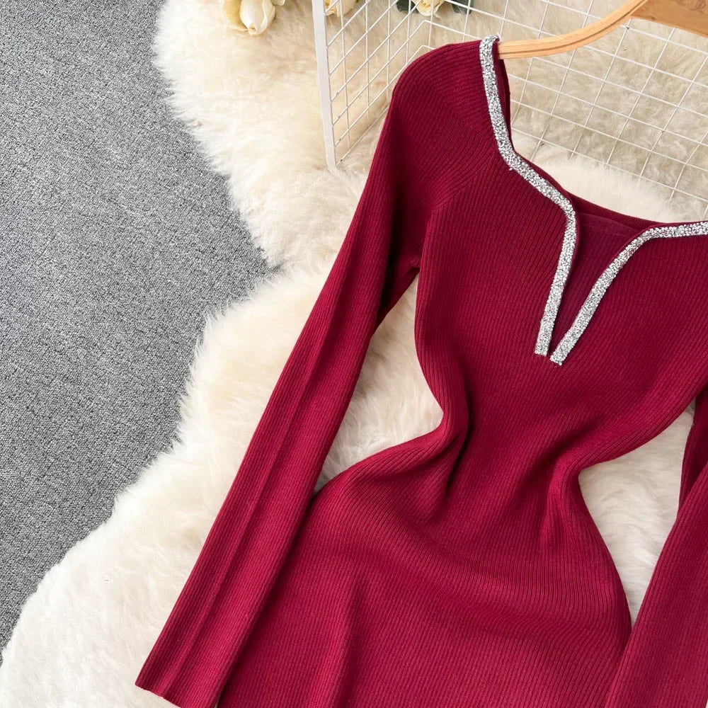Knit Bodycon Dress For Women Long Sleeve Winter Sweater