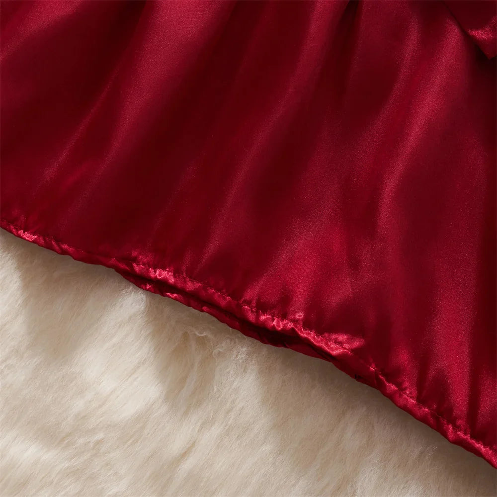 V-Neck Contrast Lace-Up Sheer Ruffle Petal Sleeve Crop Top with Sweet Bow and Red Mini Skirt Set Sexy Women's Sleepwear Pajama