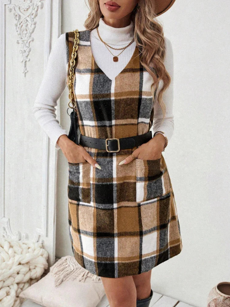 Autumn Plaid Sleeveless Dress For Women Mini Skirt Style