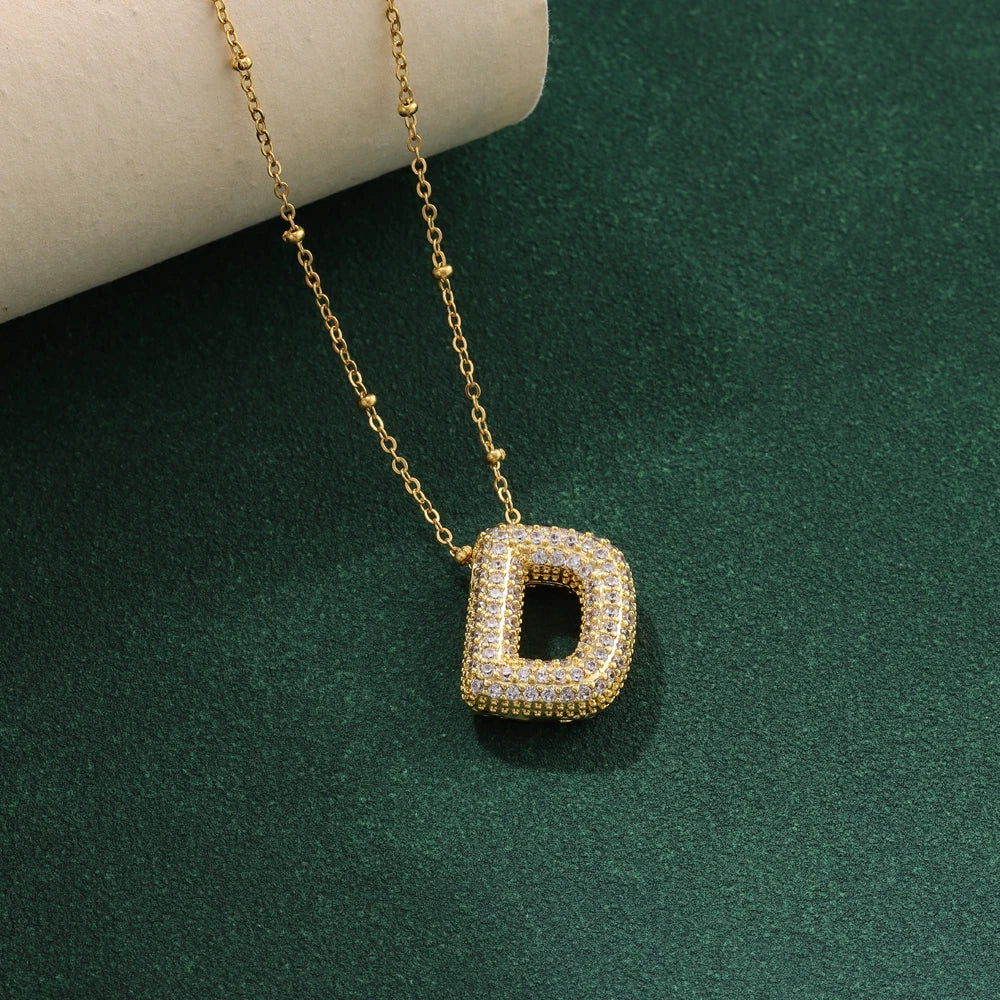 Luxury Zircon Crystal Initial Necklace for Women Stainless Steel Choker Chain Jewelry