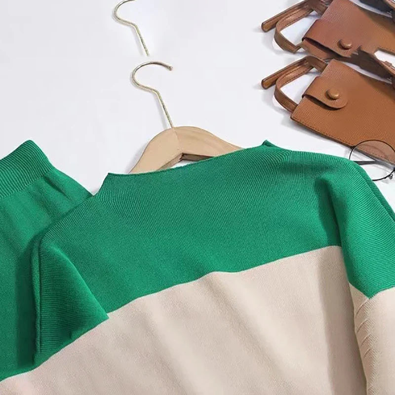 Women Casual Knitted Pullover Pant Set with Color Block Design Long Sleeve Sweater Suit for Autumn and Winter