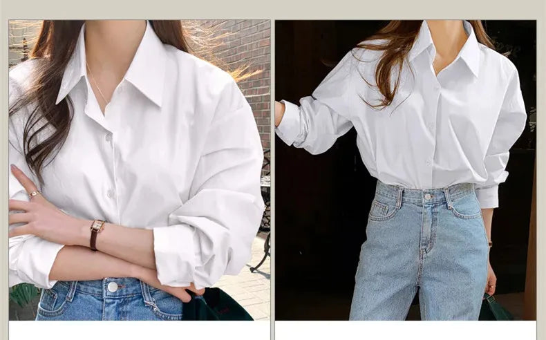 Women's Casual Loose Fit Long Sleeve Lapel Shirt 100 Percent Cotton Pure Color Versatile Layering Top for Spring and Autumn