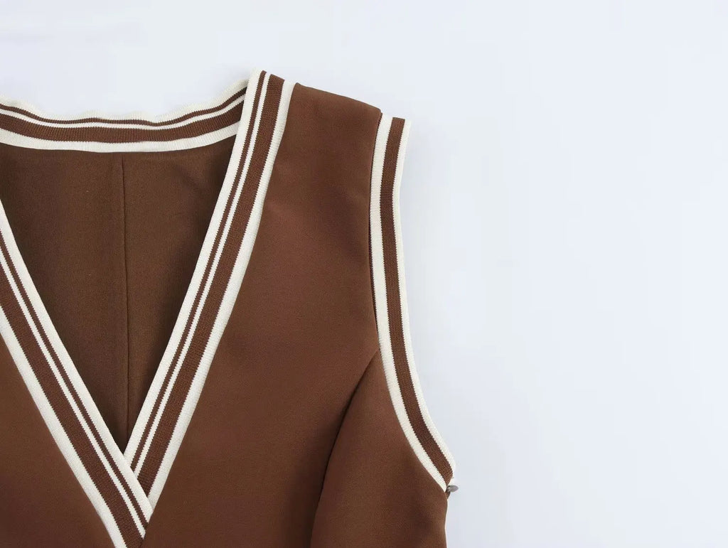 Women's Brown Striped Pleated Mini Dress Sleeveless Beach