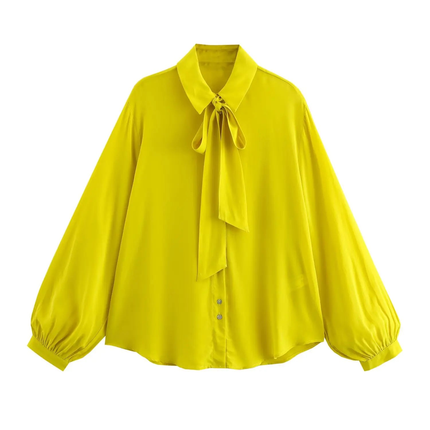 Women Bow Tie Loose Fit Shirt with Lapel Collar Long Sleeve Single-Breasted Solid Color Casual Patchwork Top Spring Summer Chic Blouse