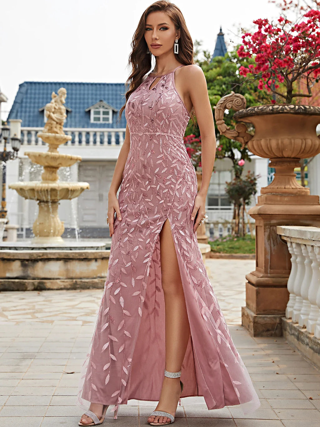 Criss Cross Backless Sequin Dress With Thigh Slit Detail