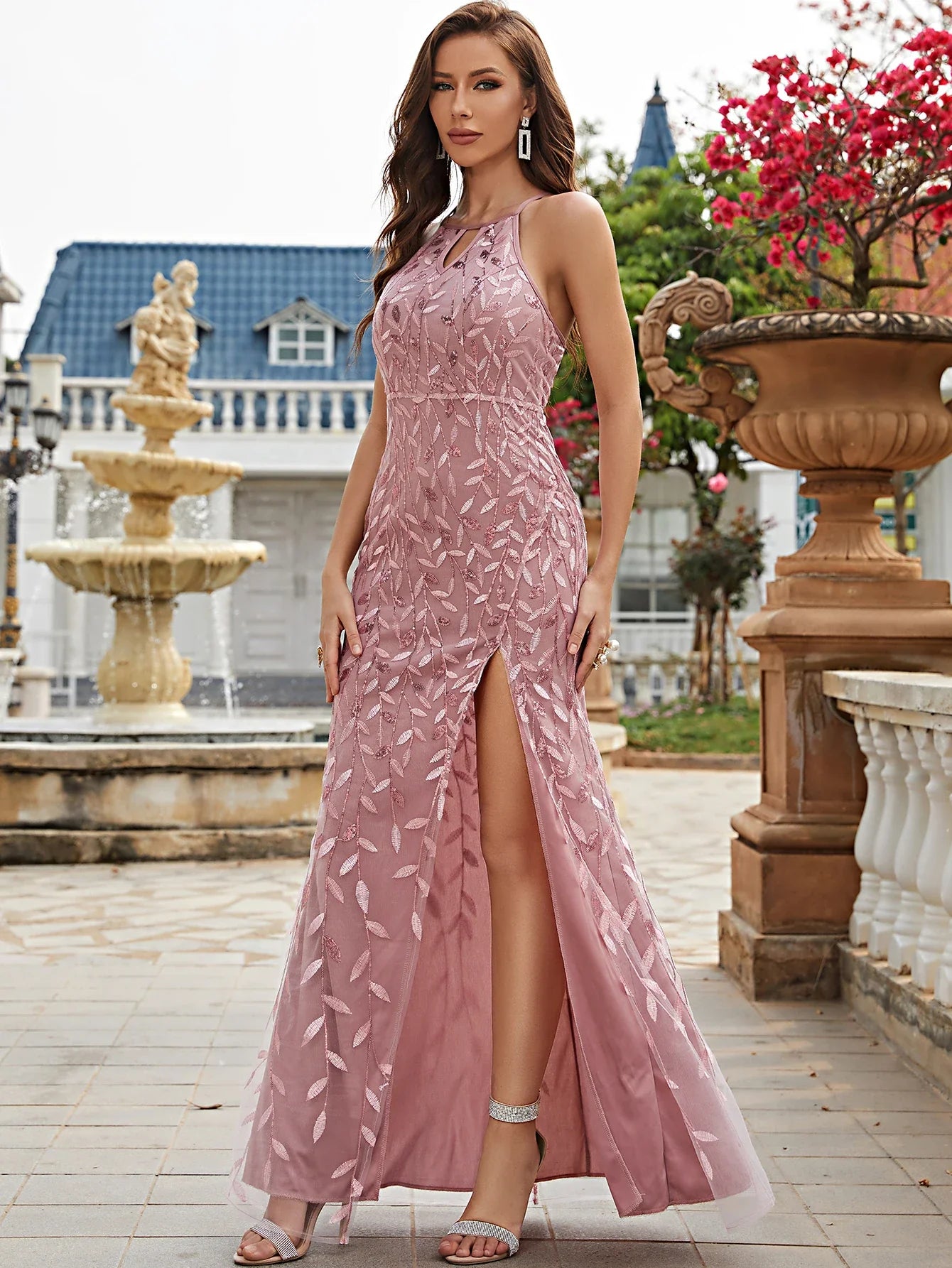 Criss Cross Backless Sequin Dress With Thigh Slit Detail