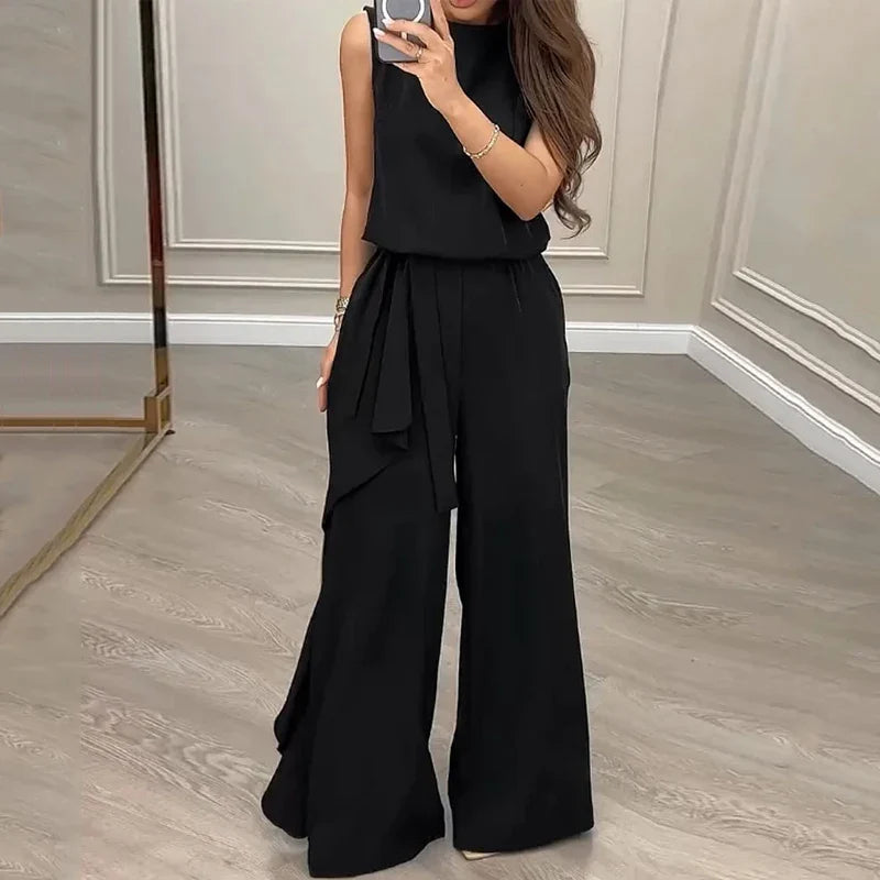 Casual Women's 2 Piece Set with Sleeveless Pullover Top and Ruffled Pants for Stylish High Street Look