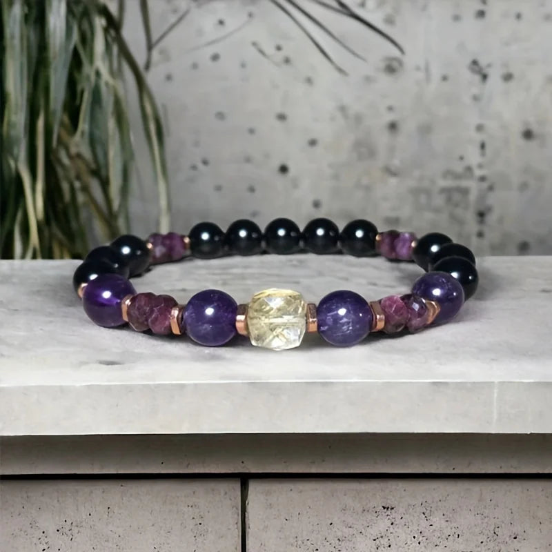 Attract Money Citrine Empathy Protection Bracelet with Garnet Black Tourmaline and Amethyst for Successful Healing and Stress Relief