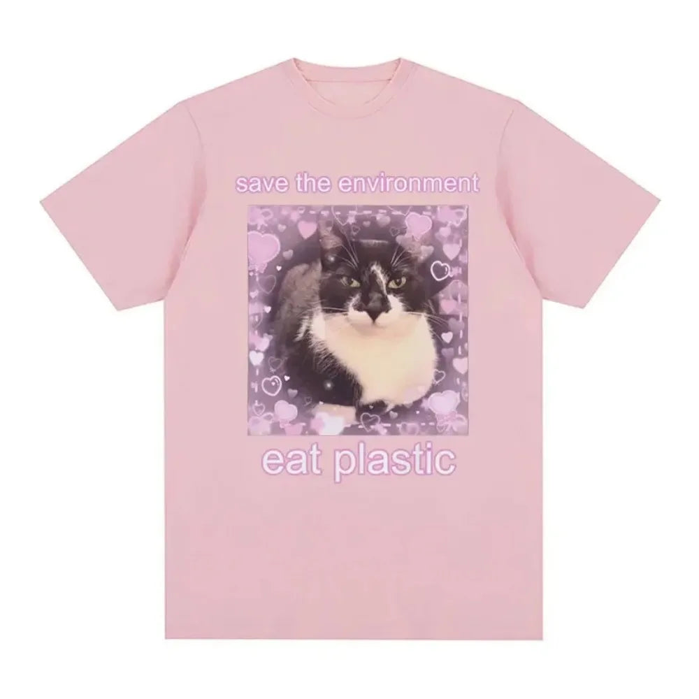 Save The Environment Eat Plastic Cute Cat Graphic T Shirt 100 Percent Cotton Oversized Tee for Men and Women