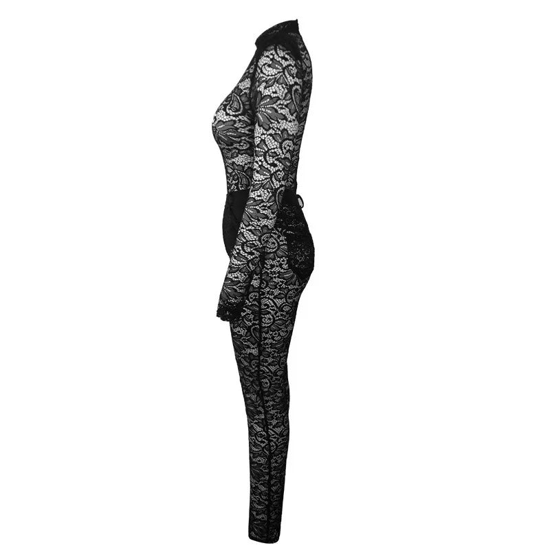 Lace Hollow Out Bodysuit and Pants Set for Women - Slim Fit Midnight Party Bodycon Outfit for Cocktail Events