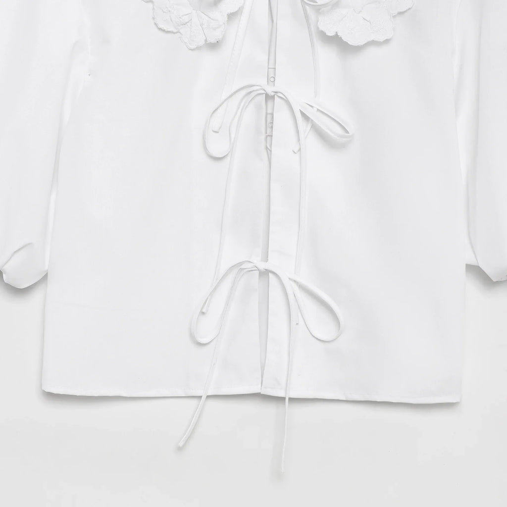 Women's Embroidered Lace-Up Poplin Shirt with Peter Pan Collar Puff Sleeves Loose Hem Casual Chic Top for Spring and Summer