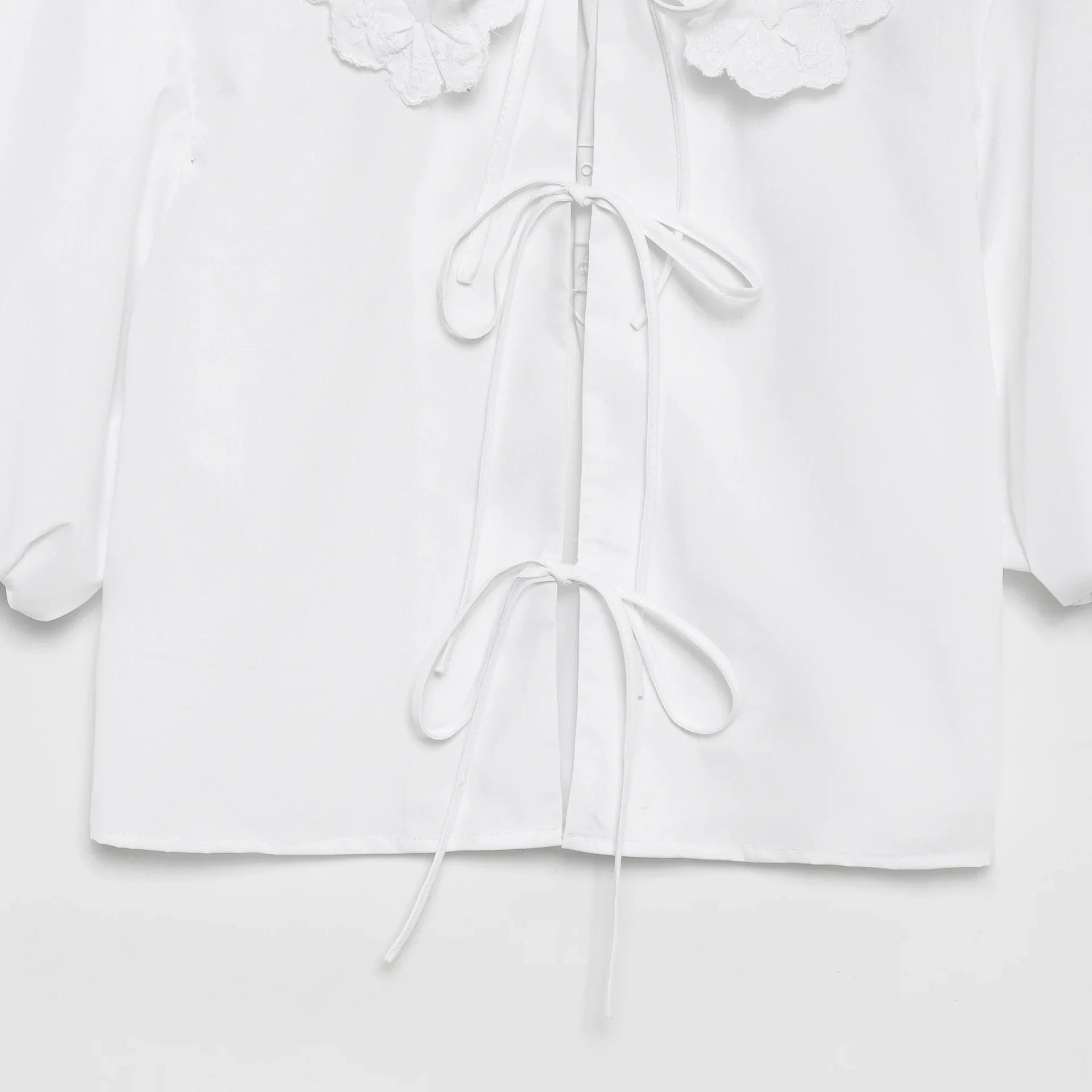 Women's Embroidered Lace-Up Poplin Shirt with Peter Pan Collar Puff Sleeves Loose Hem Casual Chic Top for Spring and Summer