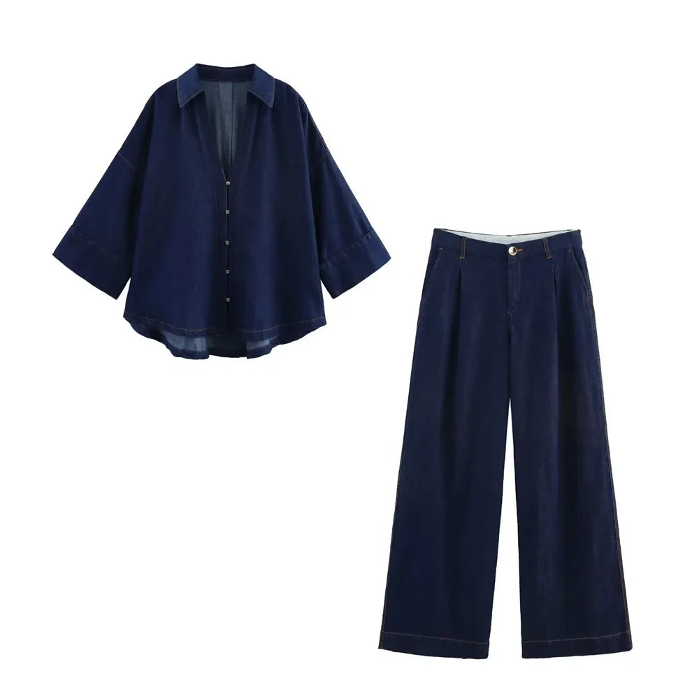 Women Denim Set Loose Fit Button Down Shirt and Wide Leg Pants Casual Outfit
